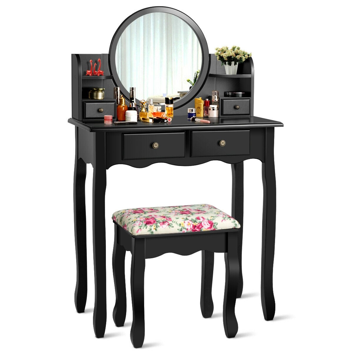 Makeup Vanity Table Set Girls Dressing Table with Drawers Oval Mirror-Black-Makeup Vanities-DECOROLALA