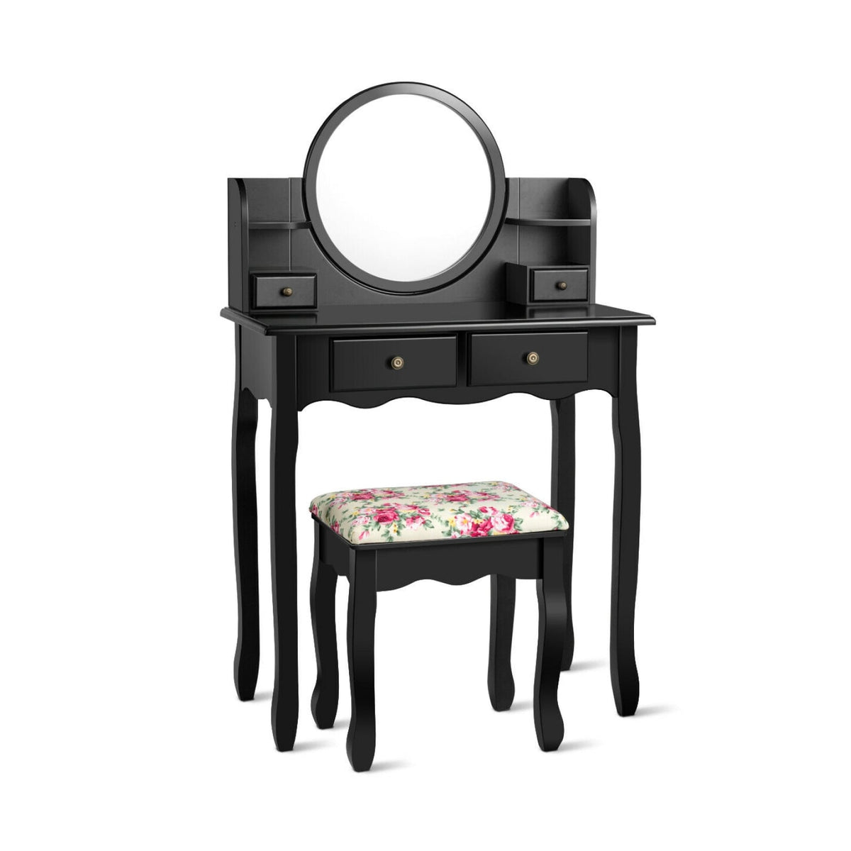 Makeup Vanity Table Set Girls Dressing Table with Drawers Oval Mirror-Black-Makeup Vanities-DECOROLALA