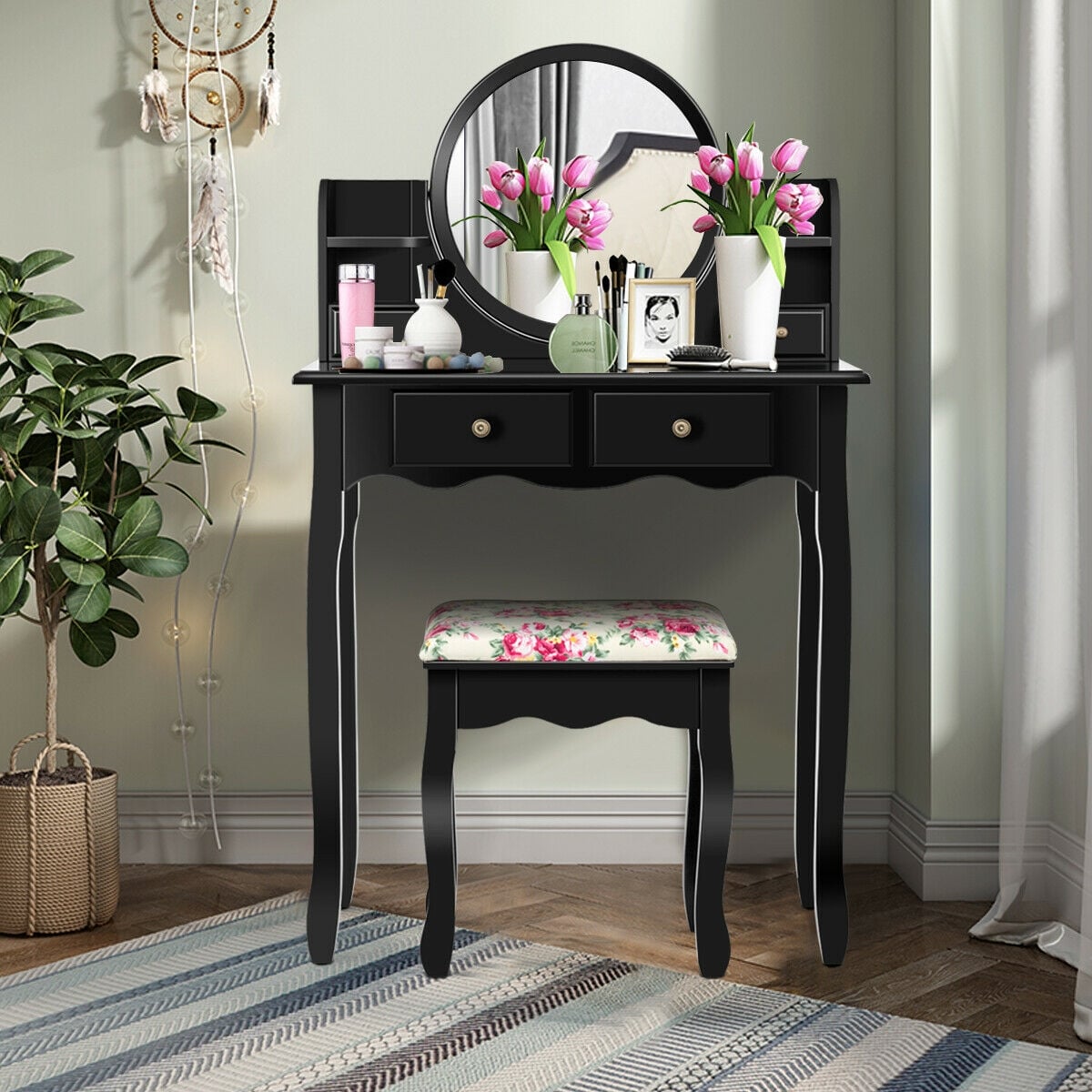 Makeup Vanity Table Set Girls Dressing Table with Drawers Oval Mirror-Black-Makeup Vanities-DECOROLALA