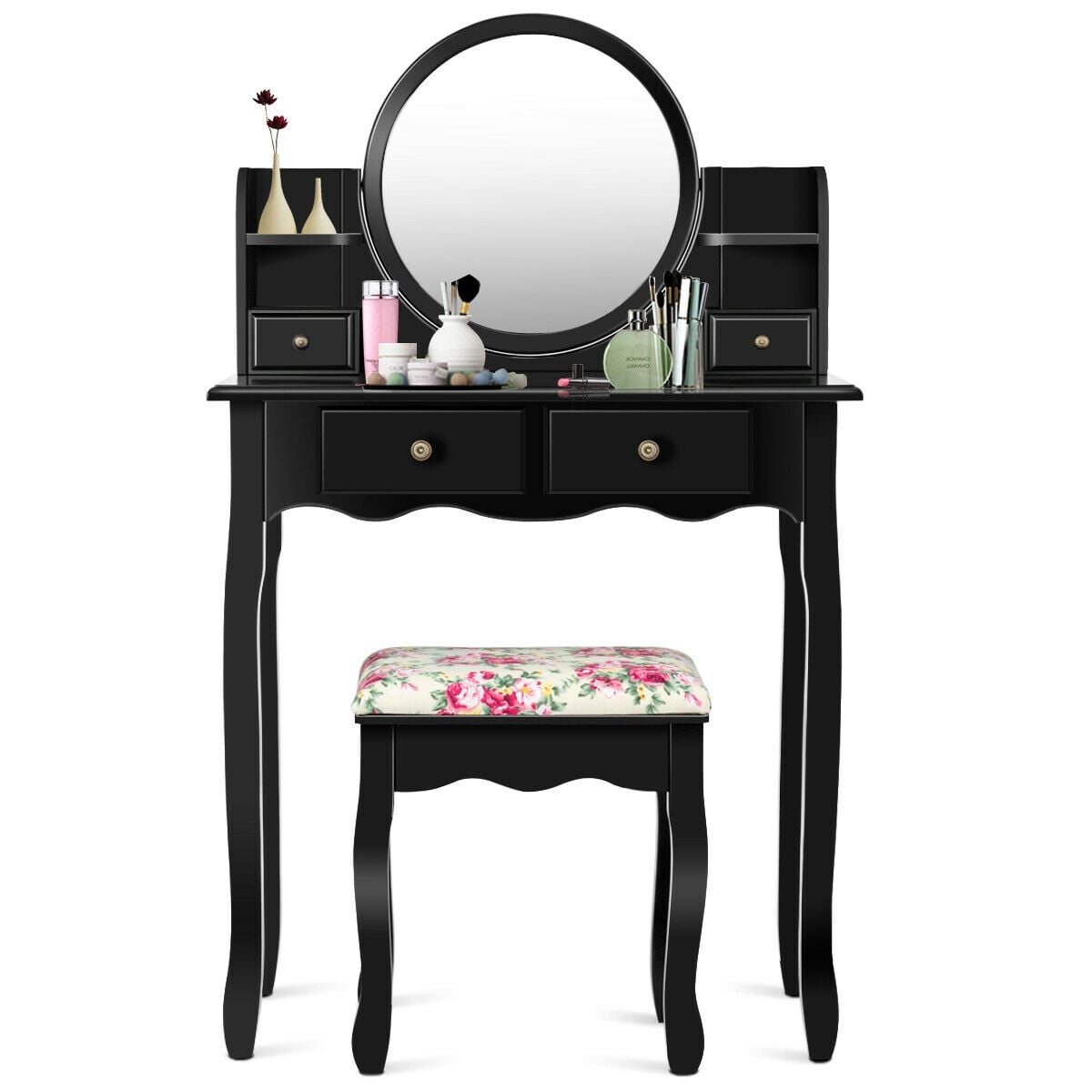 Makeup Vanity Table Set Girls Dressing Table with Drawers Oval Mirror-Black-Makeup Vanities-DECOROLALA