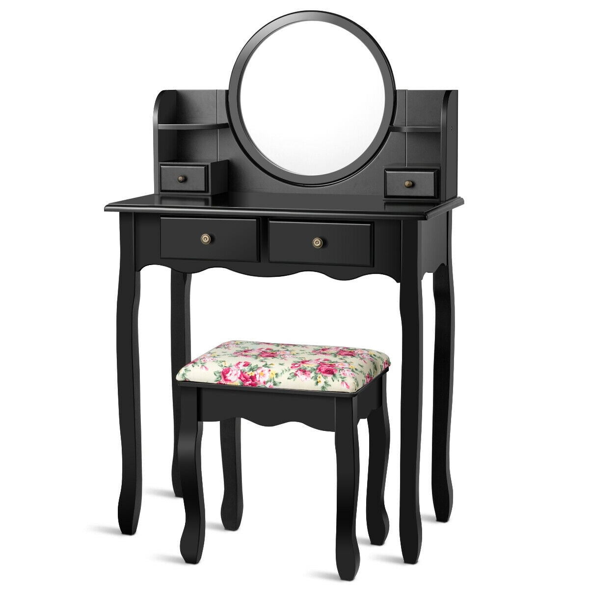 Makeup Vanity Table Set Girls Dressing Table with Drawers Oval Mirror-Black-Makeup Vanities-DECOROLALA