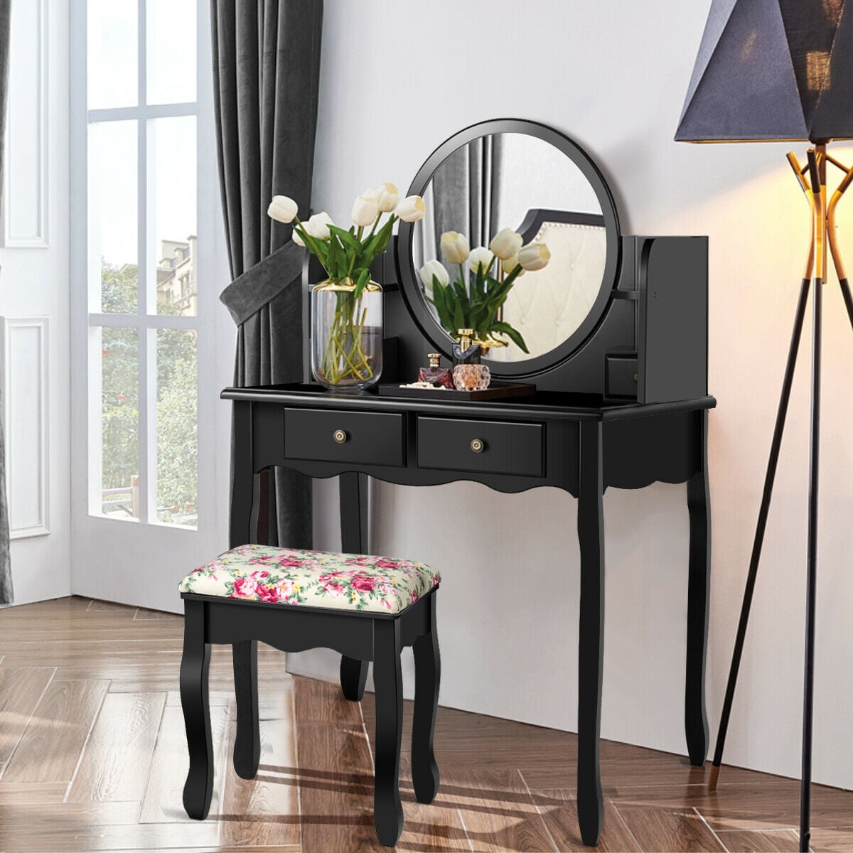 Makeup Vanity Table Set Girls Dressing Table with Drawers Oval Mirror-Black-Makeup Vanities-DECOROLALA
