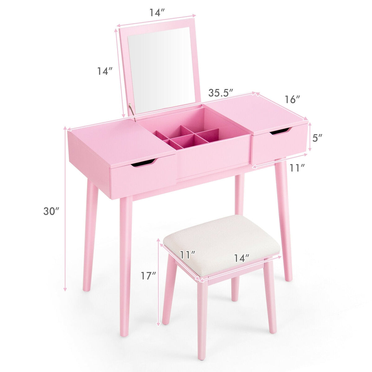 Makeup Vanity Table Set with Flip Top Mirror and 2 Drawers-Pink-Makeup Vanities-DECOROLALA