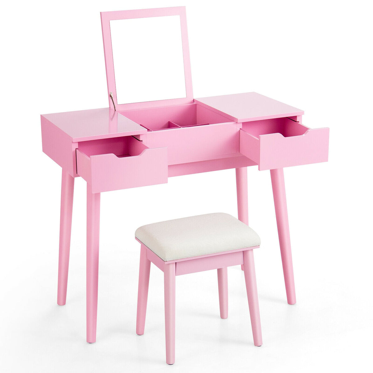 Makeup Vanity Table Set with Flip Top Mirror and 2 Drawers-Pink-Makeup Vanities-DECOROLALA