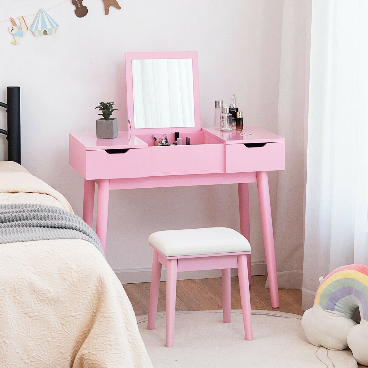 Makeup Vanity Table Set with Flip Top Mirror and 2 Drawers-Pink-Makeup Vanities-DECOROLALA
