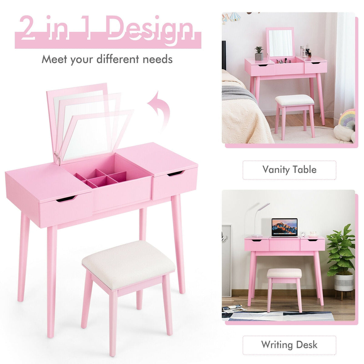 Makeup Vanity Table Set with Flip Top Mirror and 2 Drawers-Pink-Makeup Vanities-DECOROLALA