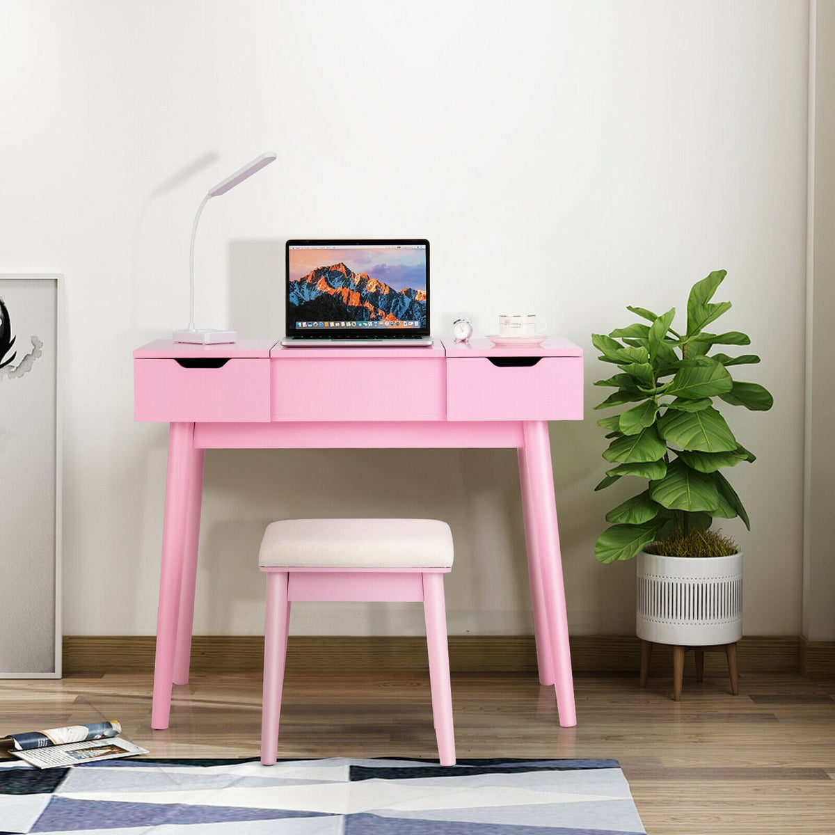 Makeup Vanity Table Set with Flip Top Mirror and 2 Drawers-Pink-Makeup Vanities-DECOROLALA