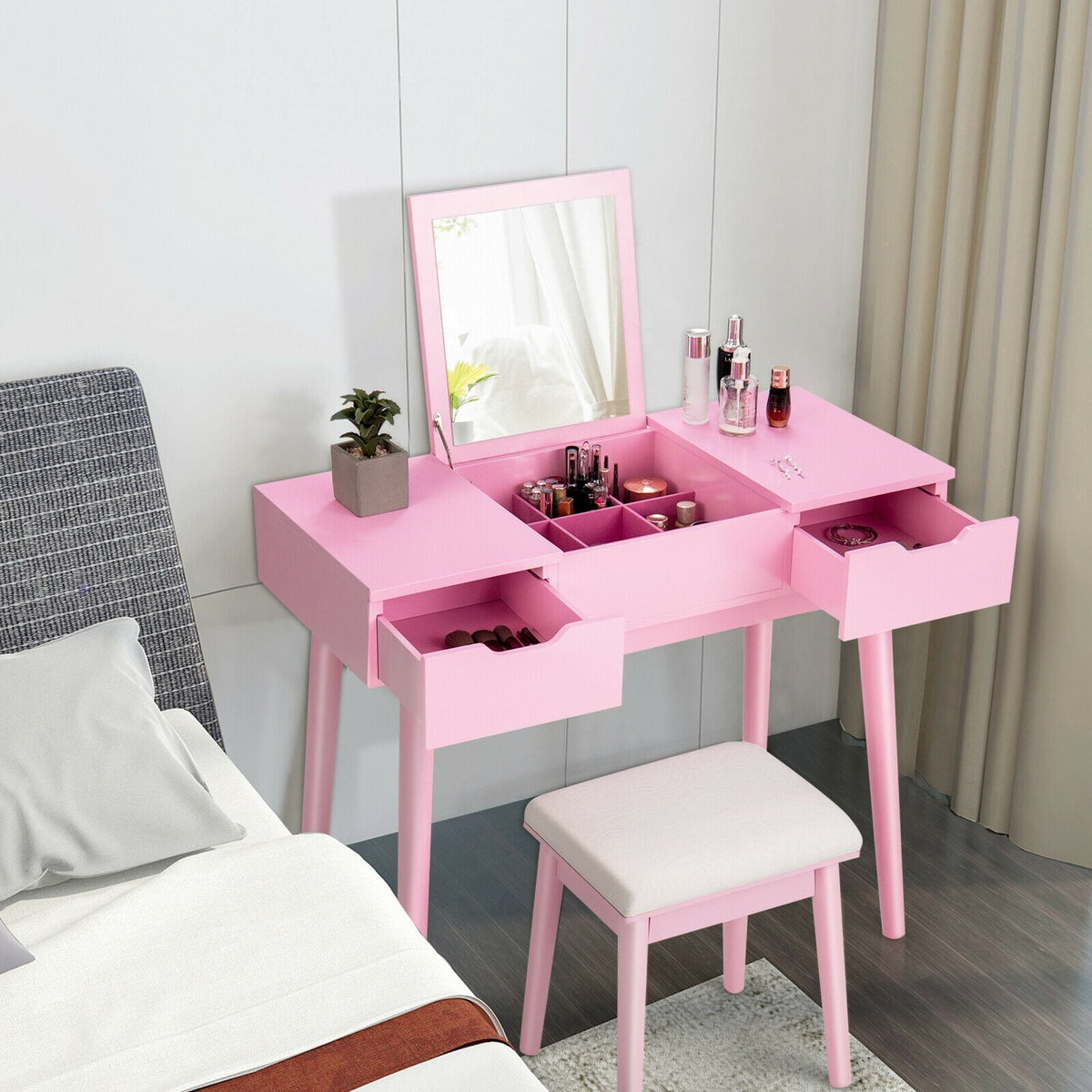 Makeup Vanity Table Set with Flip Top Mirror and 2 Drawers-Pink-Makeup Vanities-DECOROLALA