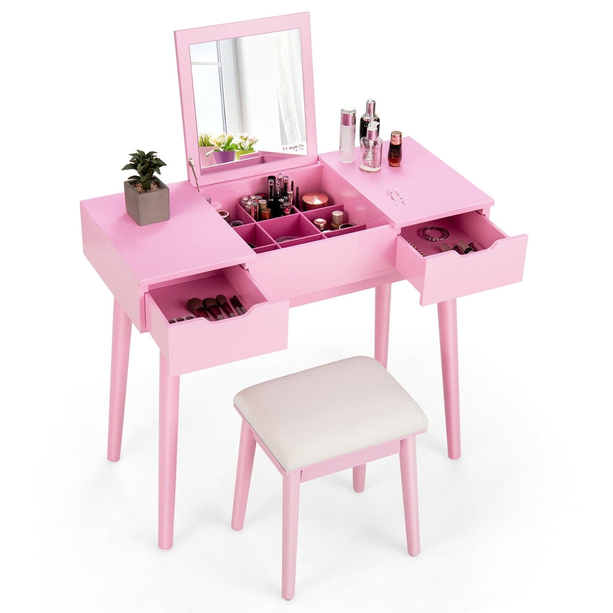 Makeup Vanity Table Set with Flip Top Mirror and 2 Drawers-Pink-Makeup Vanities-DECOROLALA