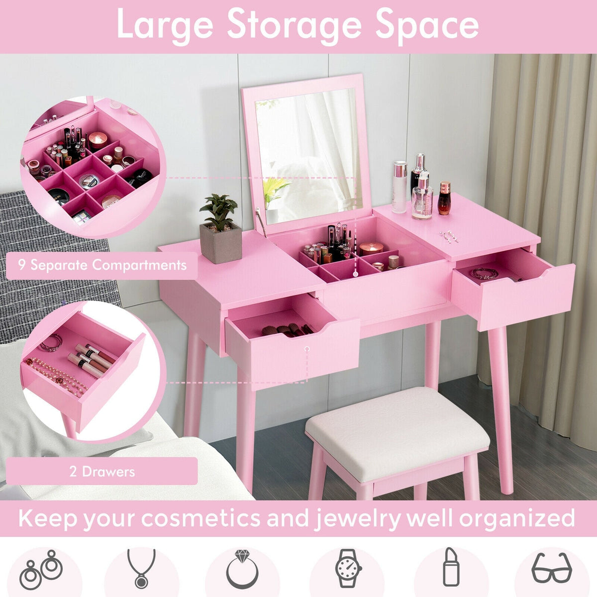 Makeup Vanity Table Set with Flip Top Mirror and 2 Drawers-Pink-Makeup Vanities-DECOROLALA