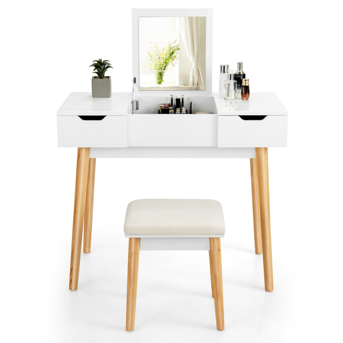 Makeup Vanity Table Set with Flip Top Mirror and 2 Drawers-White-Makeup Vanities-DECOROLALA