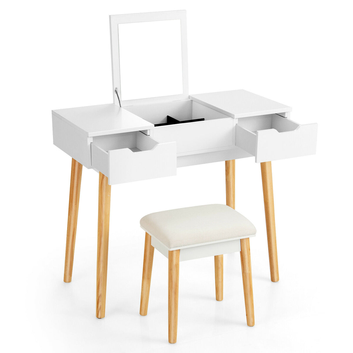 Makeup Vanity Table Set with Flip Top Mirror and 2 Drawers-White-Makeup Vanities-DECOROLALA