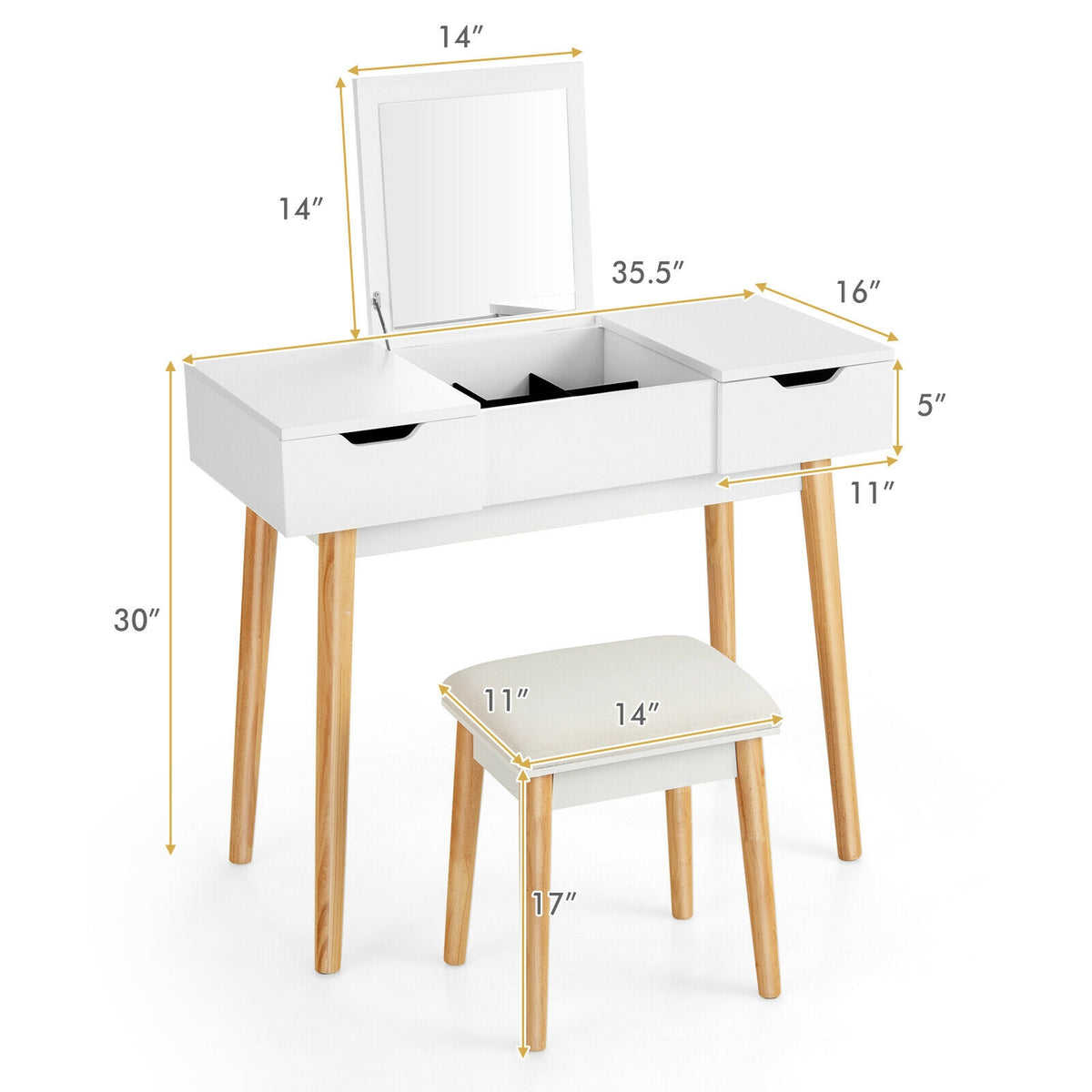 Makeup Vanity Table Set with Flip Top Mirror and 2 Drawers-White-Makeup Vanities-DECOROLALA