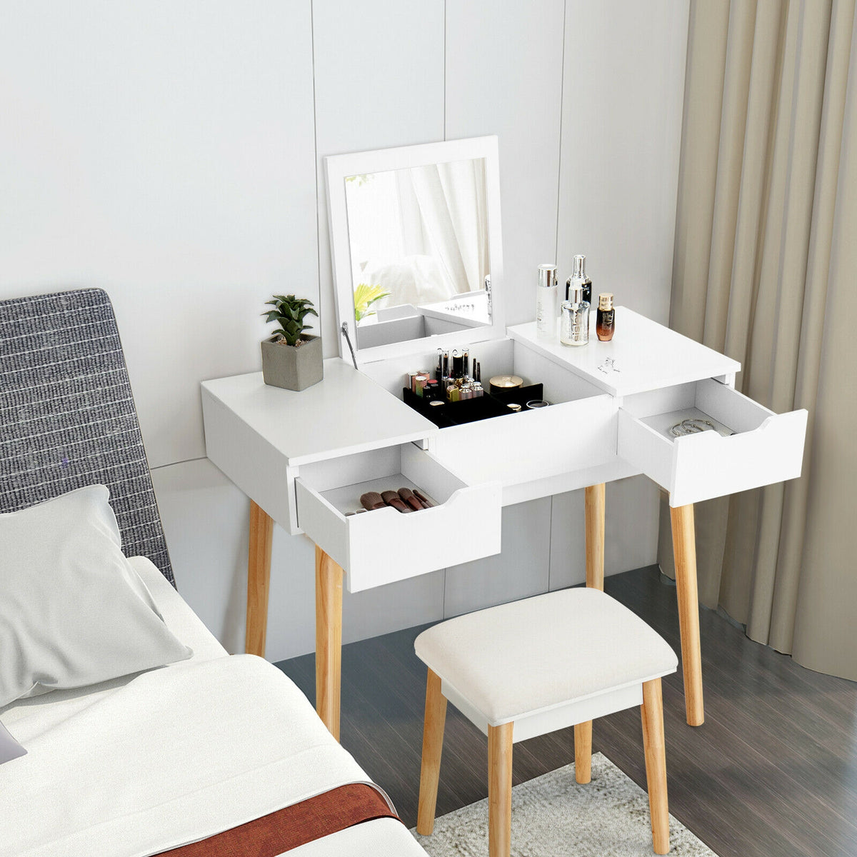 Makeup Vanity Table Set with Flip Top Mirror and 2 Drawers-White-Makeup Vanities-DECOROLALA