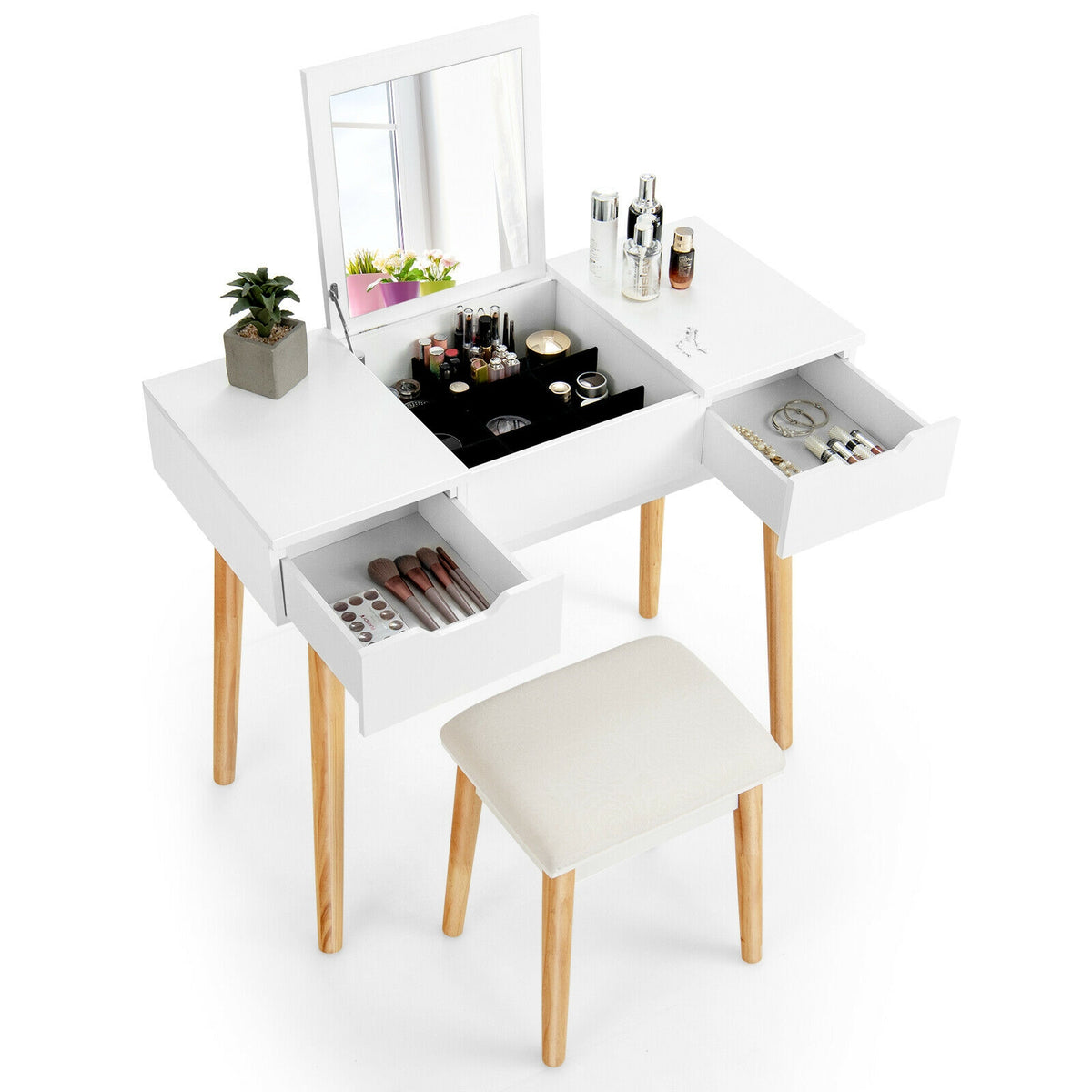 Makeup Vanity Table Set with Flip Top Mirror and 2 Drawers-White-Makeup Vanities-DECOROLALA