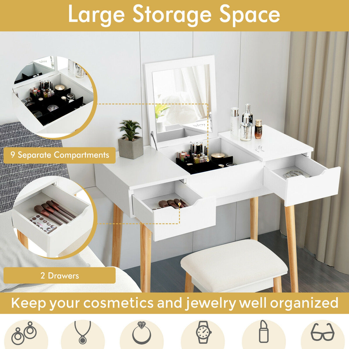 Makeup Vanity Table Set with Flip Top Mirror and 2 Drawers-White-Makeup Vanities-DECOROLALA