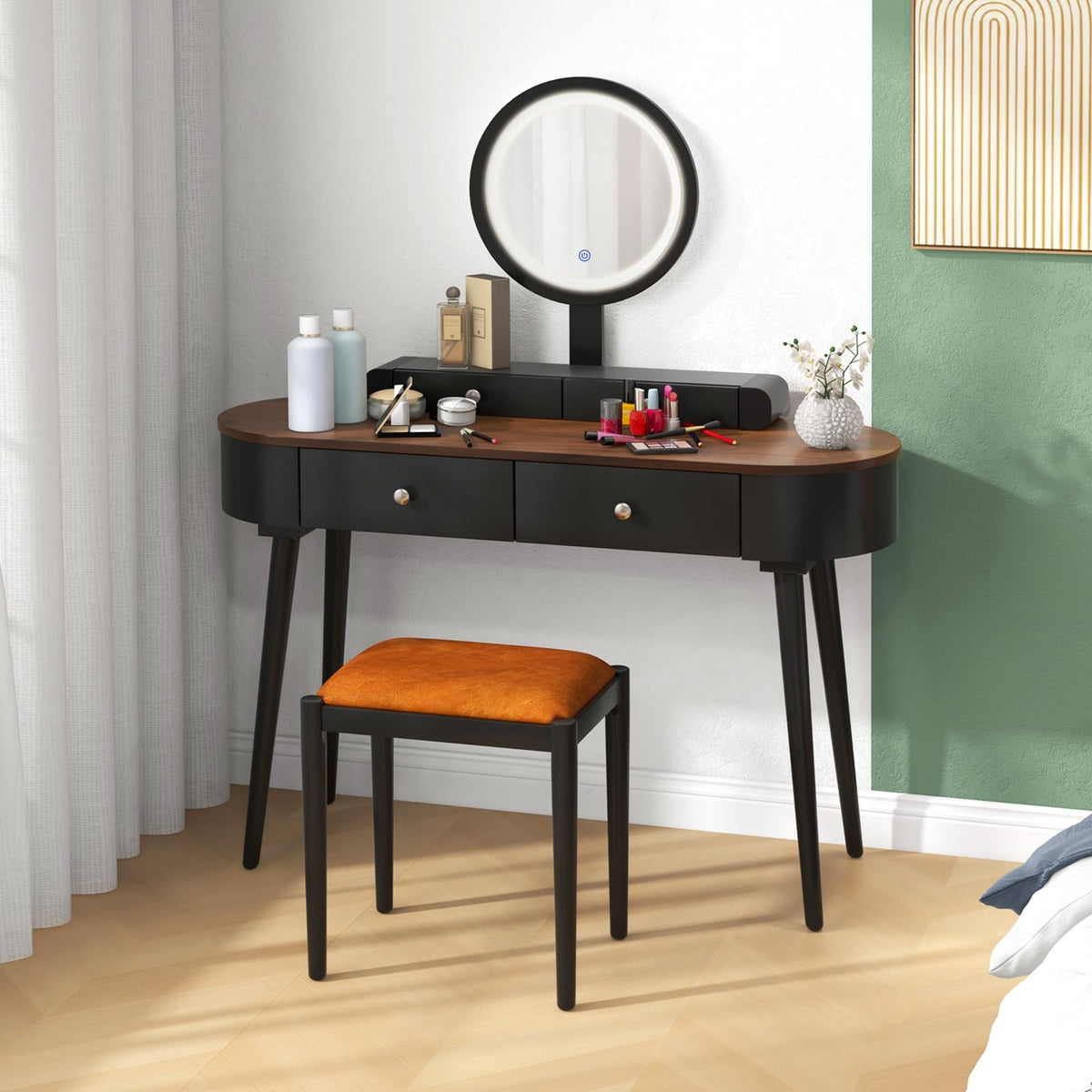 Makeup Vanity Table Set with LED Mirror and 3 Spacious Drawers-Black-Brown-Makeup Vanities-DECOROLALA