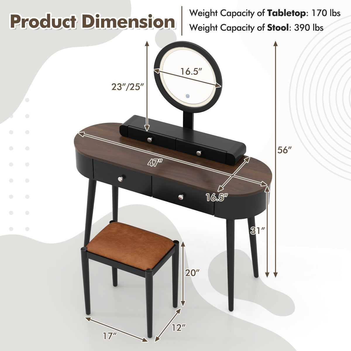 Makeup Vanity Table Set with LED Mirror and 3 Spacious Drawers-Black-Brown-Makeup Vanities-DECOROLALA