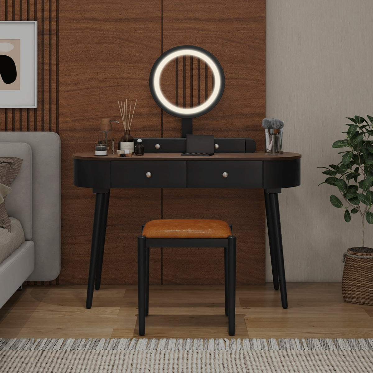 Makeup Vanity Table Set with LED Mirror and 3 Spacious Drawers-Black-Brown-Makeup Vanities-DECOROLALA