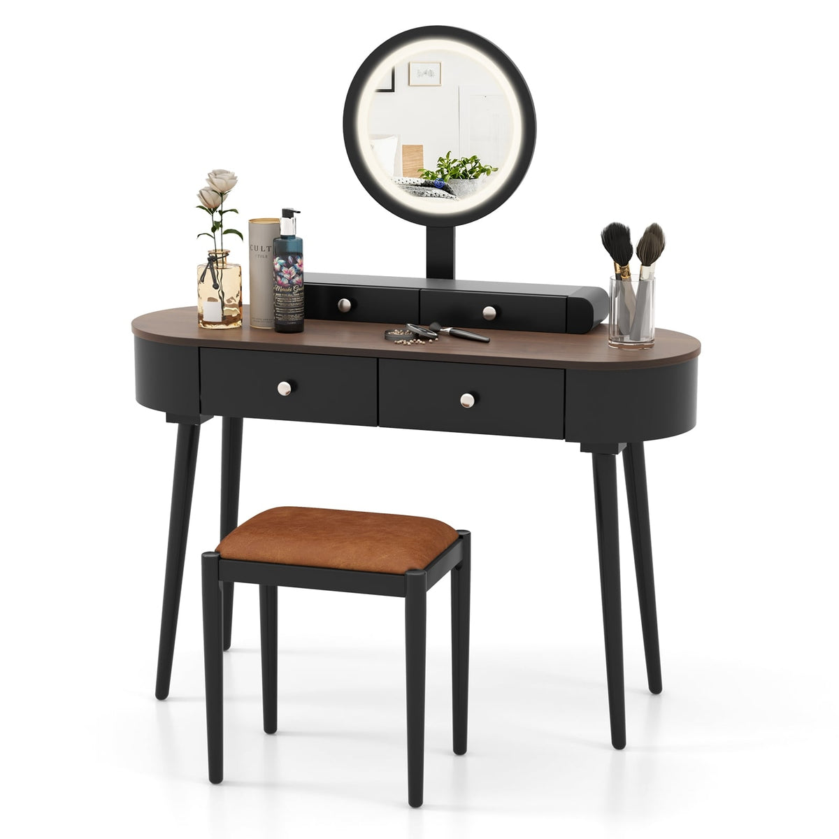 Makeup Vanity Table Set with LED Mirror and 3 Spacious Drawers-Black-Brown-Makeup Vanities-DECOROLALA