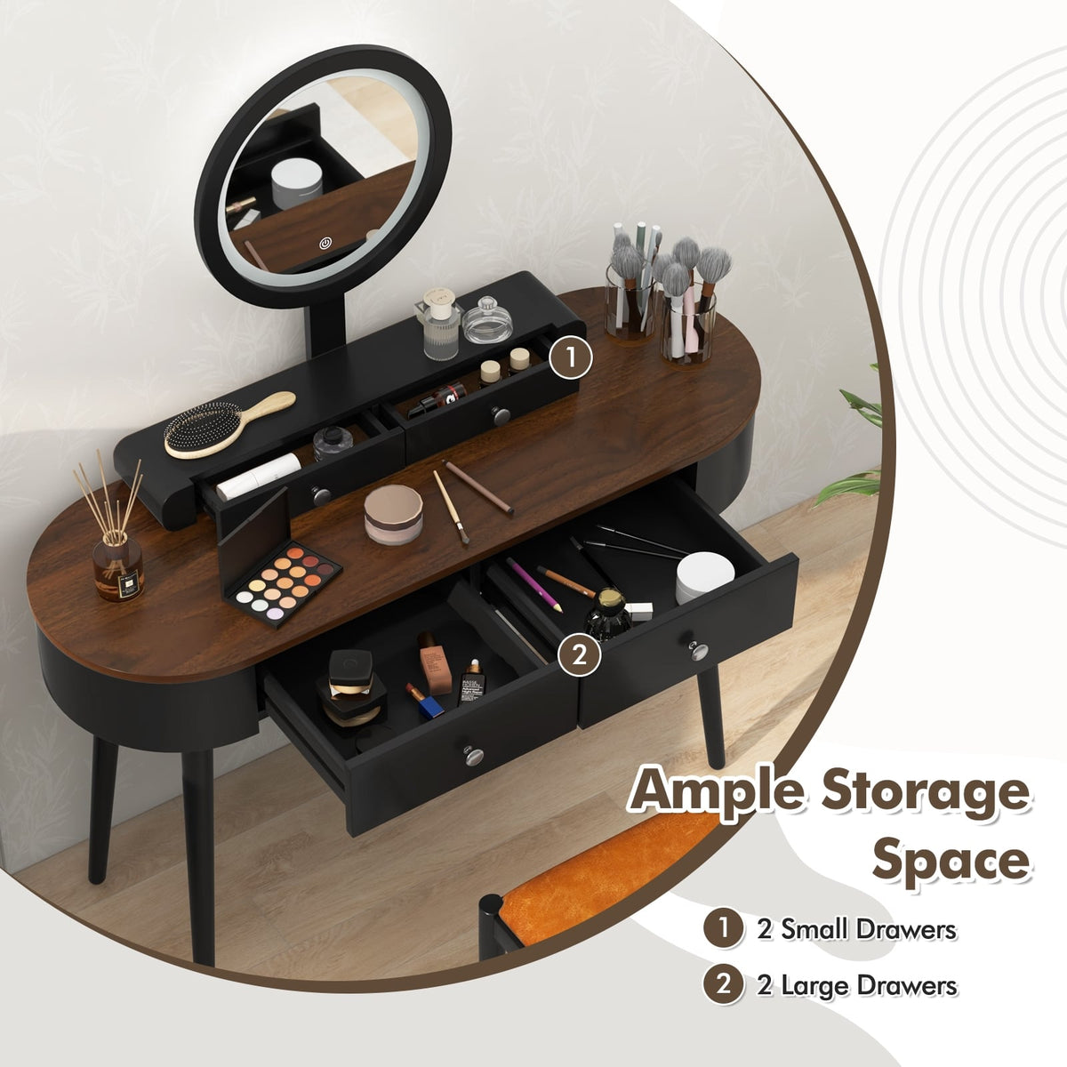 Makeup Vanity Table Set with LED Mirror and 3 Spacious Drawers-Black-Brown-Makeup Vanities-DECOROLALA