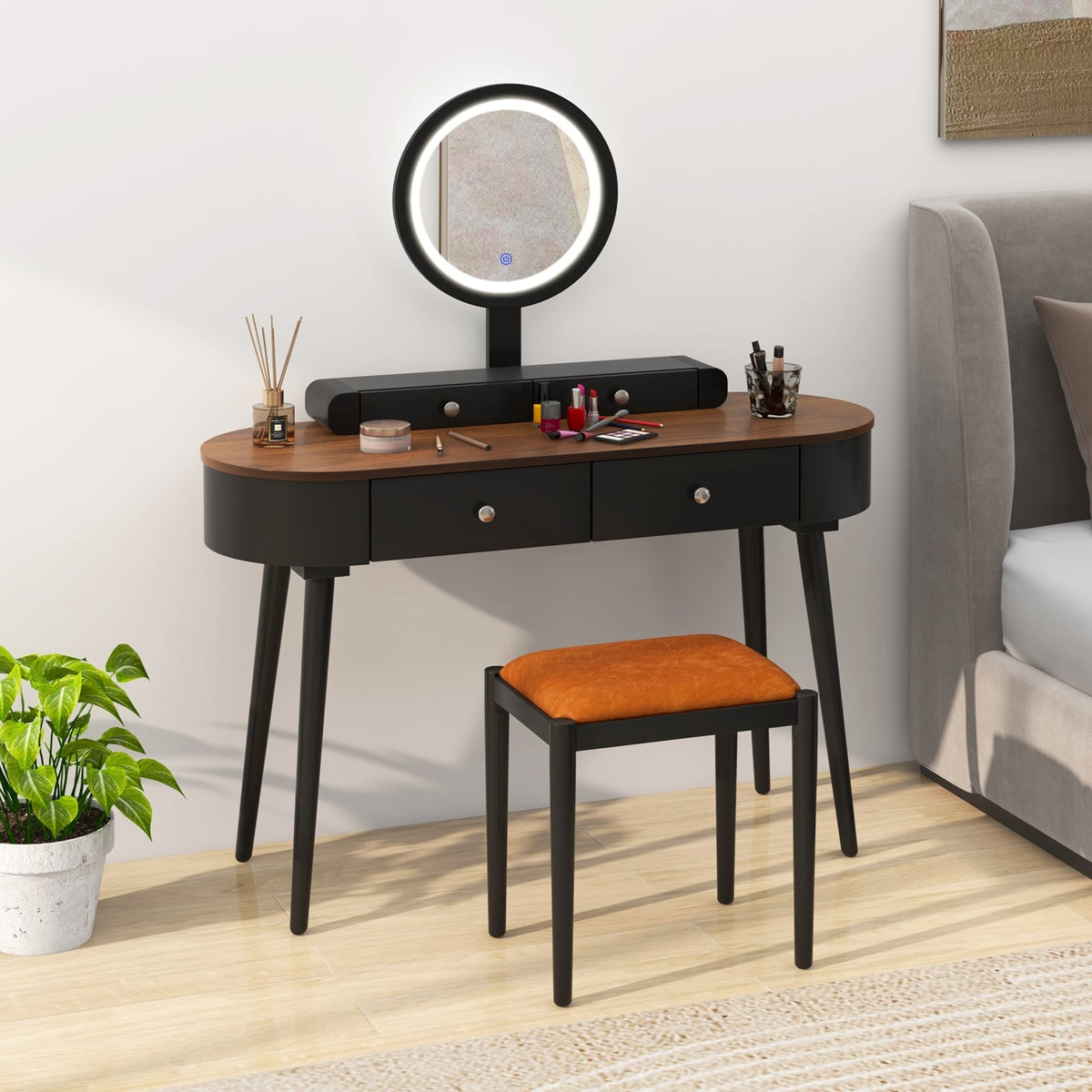 Makeup Vanity Table Set with LED Mirror and 3 Spacious Drawers-Black-Brown-Makeup Vanities-DECOROLALA