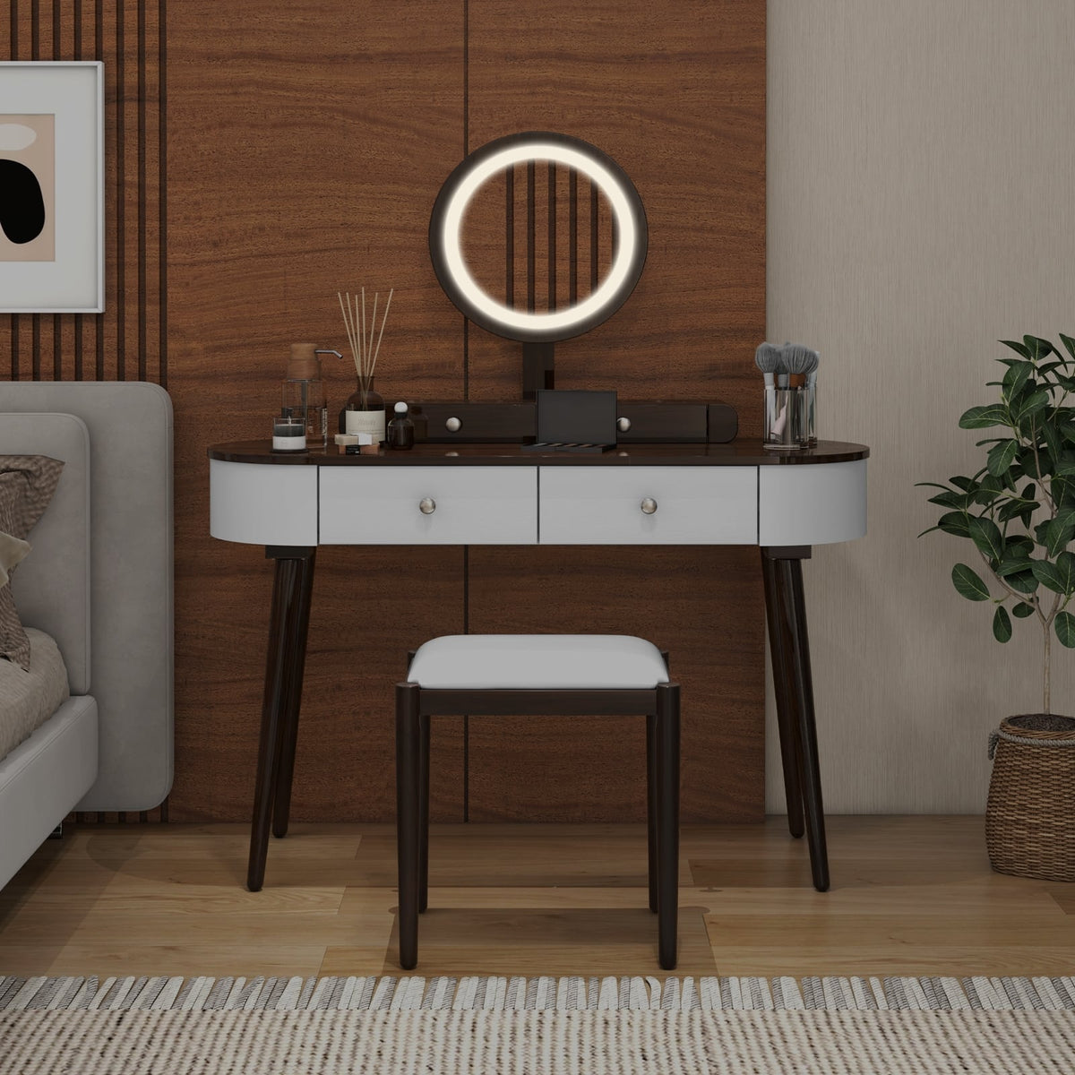 Makeup Vanity Table Set with LED Mirror and 3 Spacious Drawers-White-Brown-Makeup Vanities-DECOROLALA
