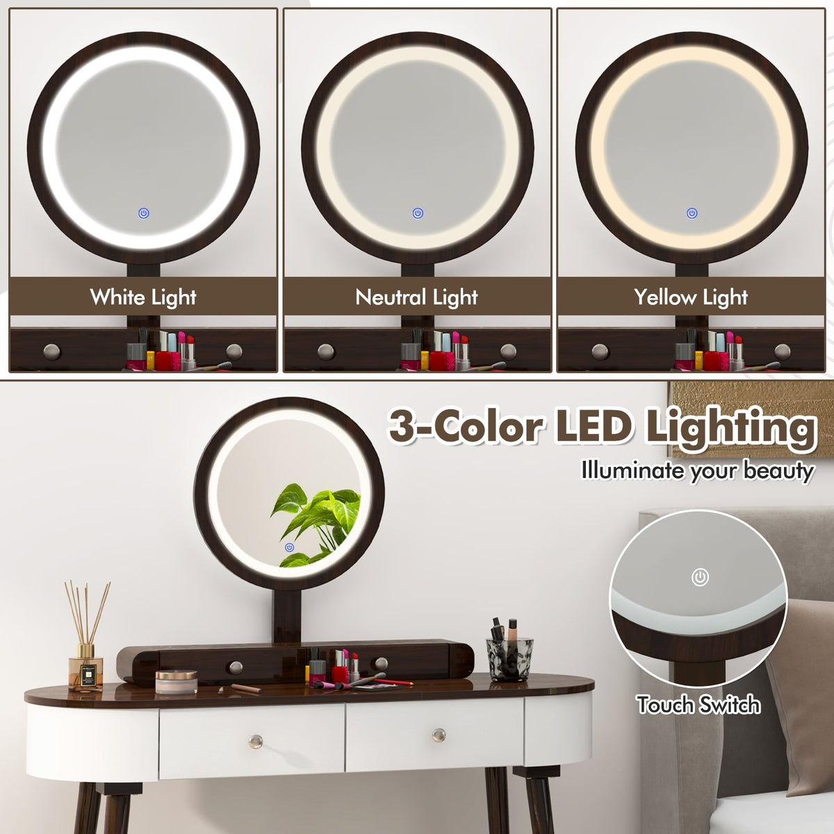 Makeup Vanity Table Set with LED Mirror and 3 Spacious Drawers-White-Brown-Makeup Vanities-DECOROLALA