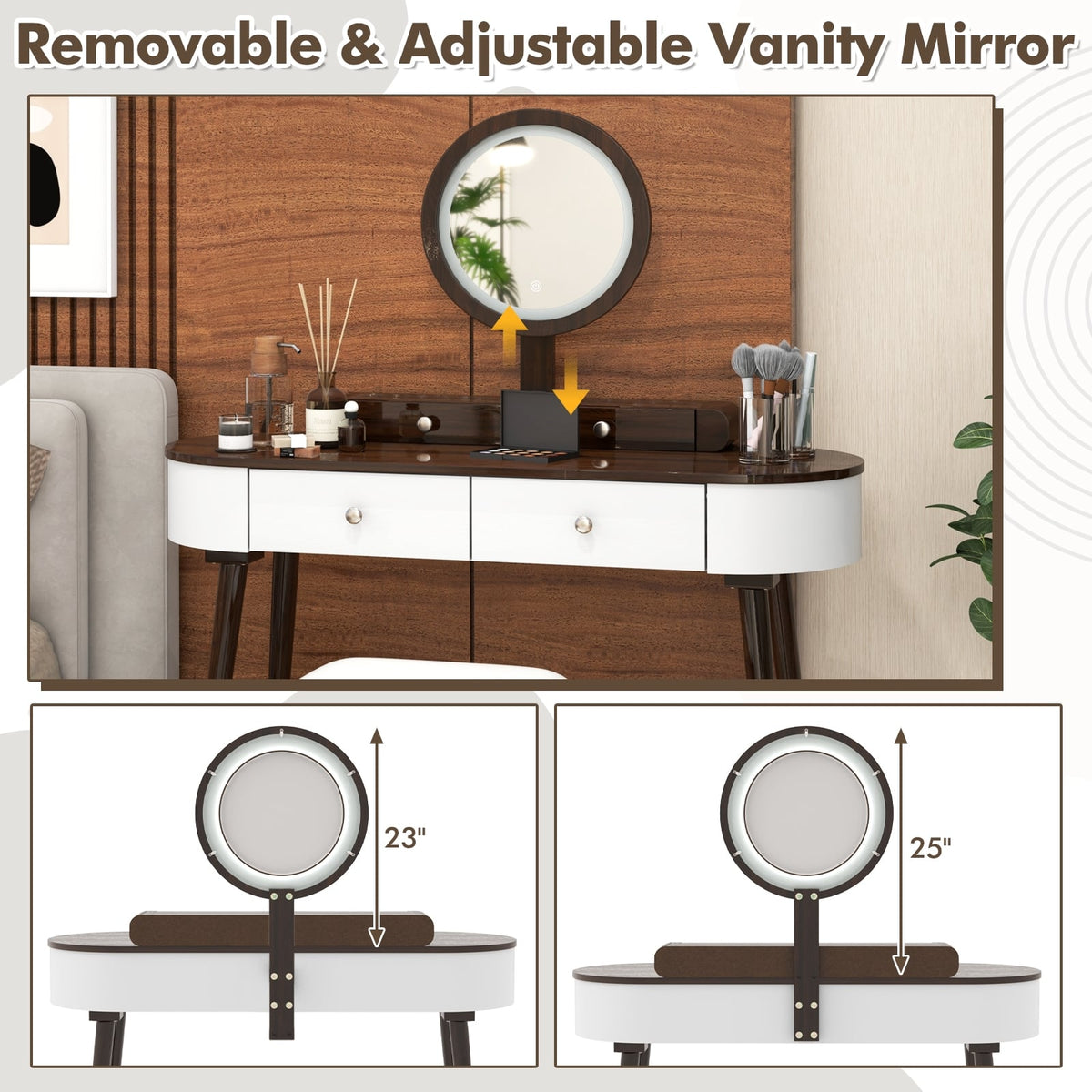 Makeup Vanity Table Set with LED Mirror and 3 Spacious Drawers-White-Brown-Makeup Vanities-DECOROLALA