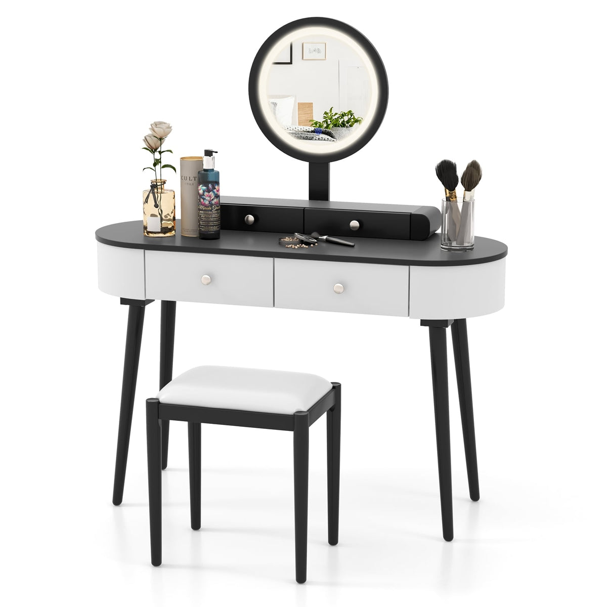 Makeup Vanity Table Set with LED Mirror and 3 Spacious Drawers-White-Dark Wood-Makeup Vanities-DECOROLALA