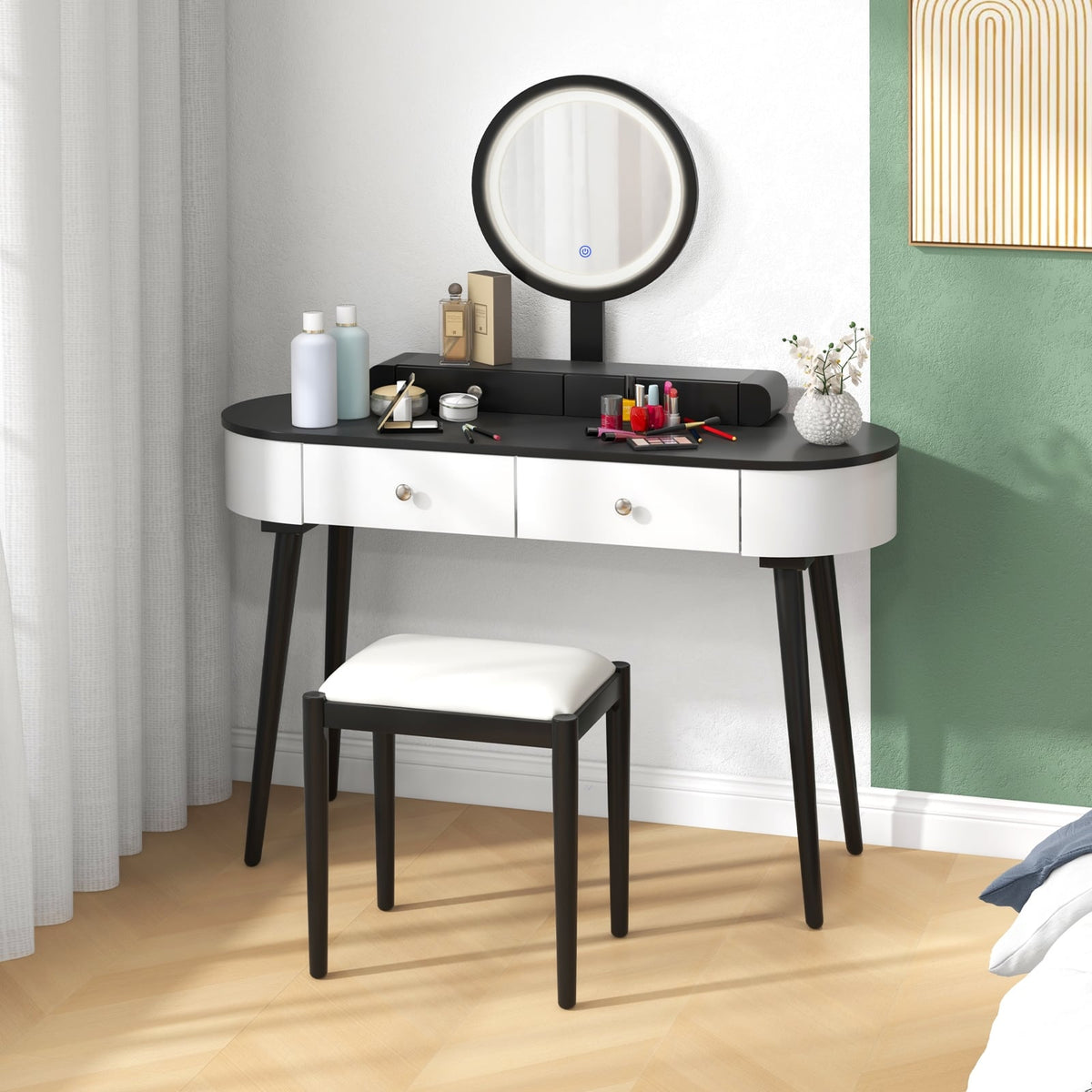 Makeup Vanity Table Set with LED Mirror and 3 Spacious Drawers-White-Dark Wood-Makeup Vanities-DECOROLALA