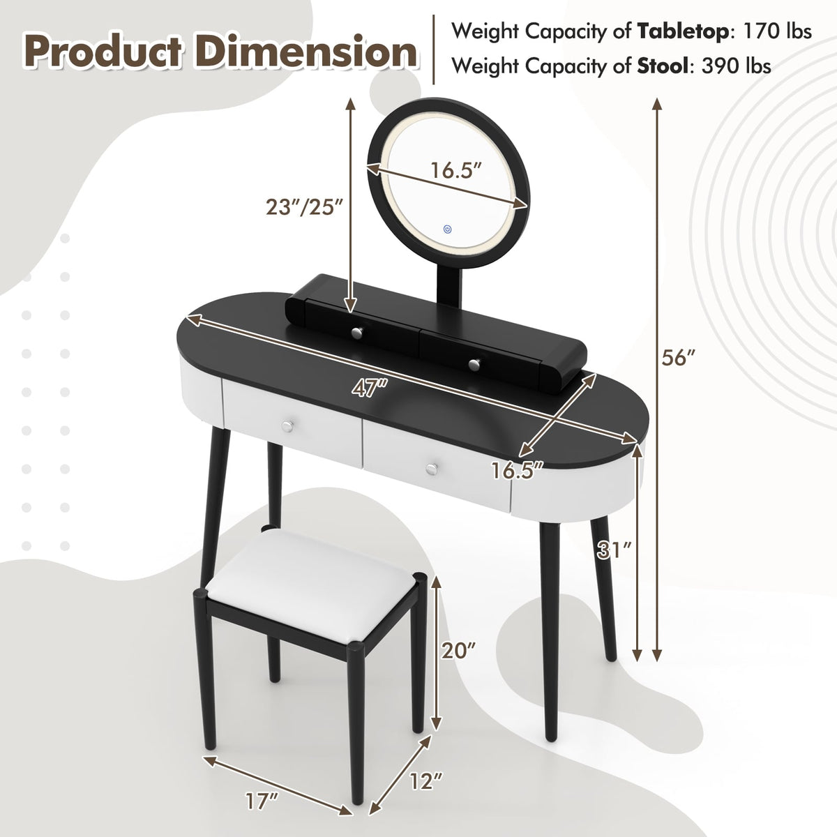 Makeup Vanity Table Set with LED Mirror and 3 Spacious Drawers-White-Dark Wood-Makeup Vanities-DECOROLALA