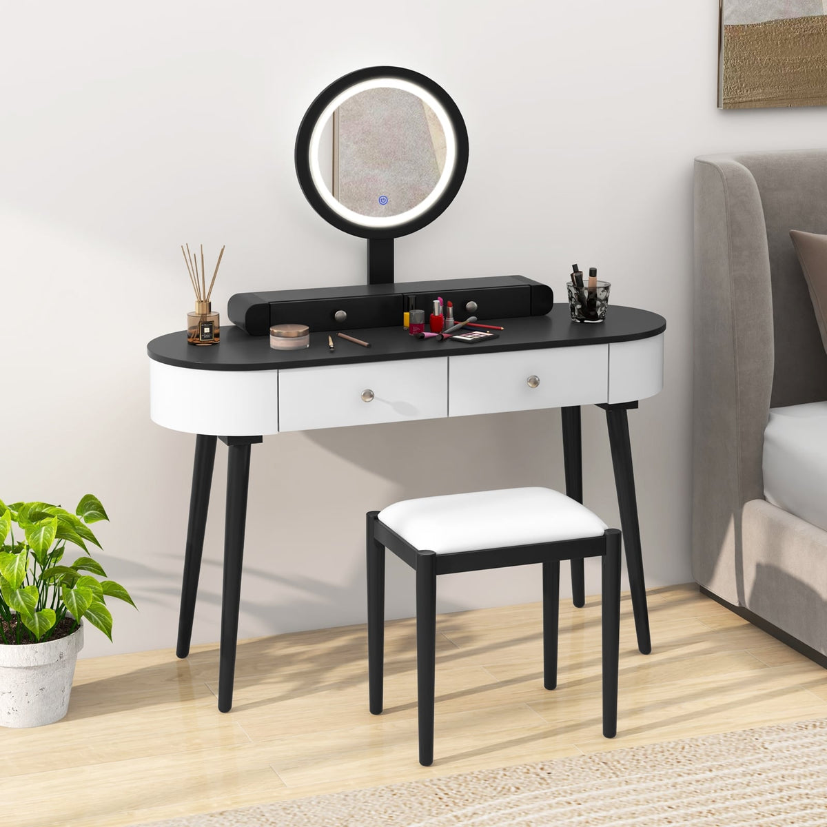 Makeup Vanity Table Set with LED Mirror and 3 Spacious Drawers-White-Dark Wood-Makeup Vanities-DECOROLALA