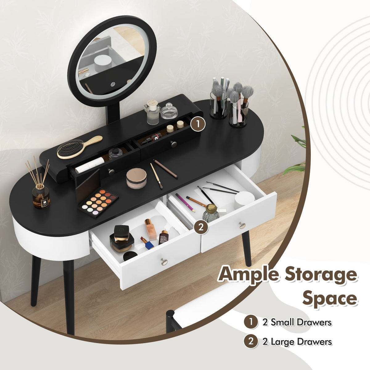 Makeup Vanity Table Set with LED Mirror and 3 Spacious Drawers-White-Dark Wood-Makeup Vanities-DECOROLALA