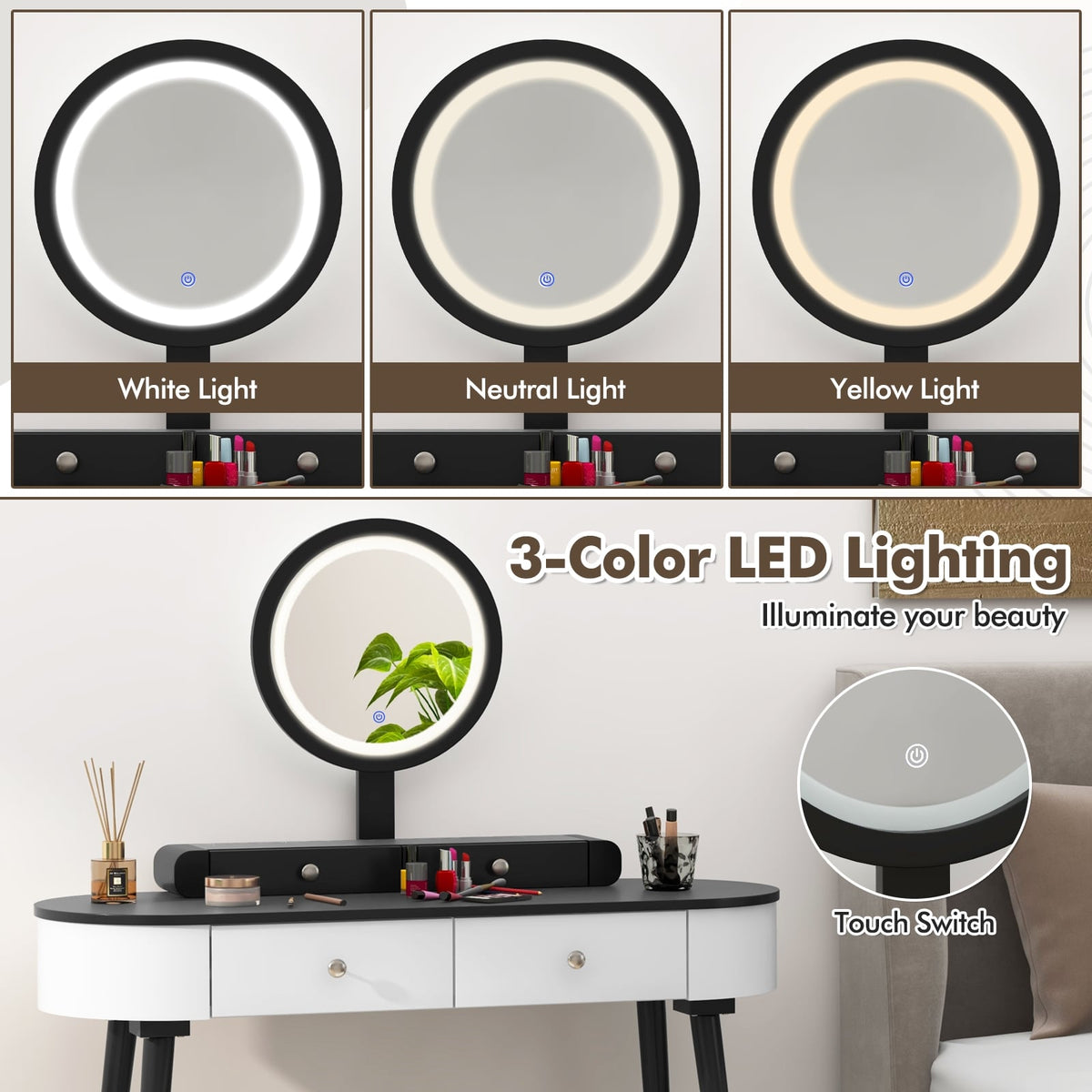 Makeup Vanity Table Set with LED Mirror and 3 Spacious Drawers-White-Dark Wood-Makeup Vanities-DECOROLALA