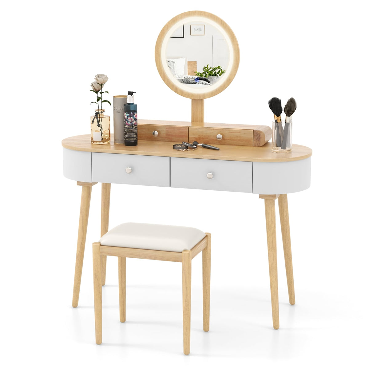 Makeup Vanity Table Set with LED Mirror and 3 Spacious Drawers-White-Natural Wood-Makeup Vanities-DECOROLALA