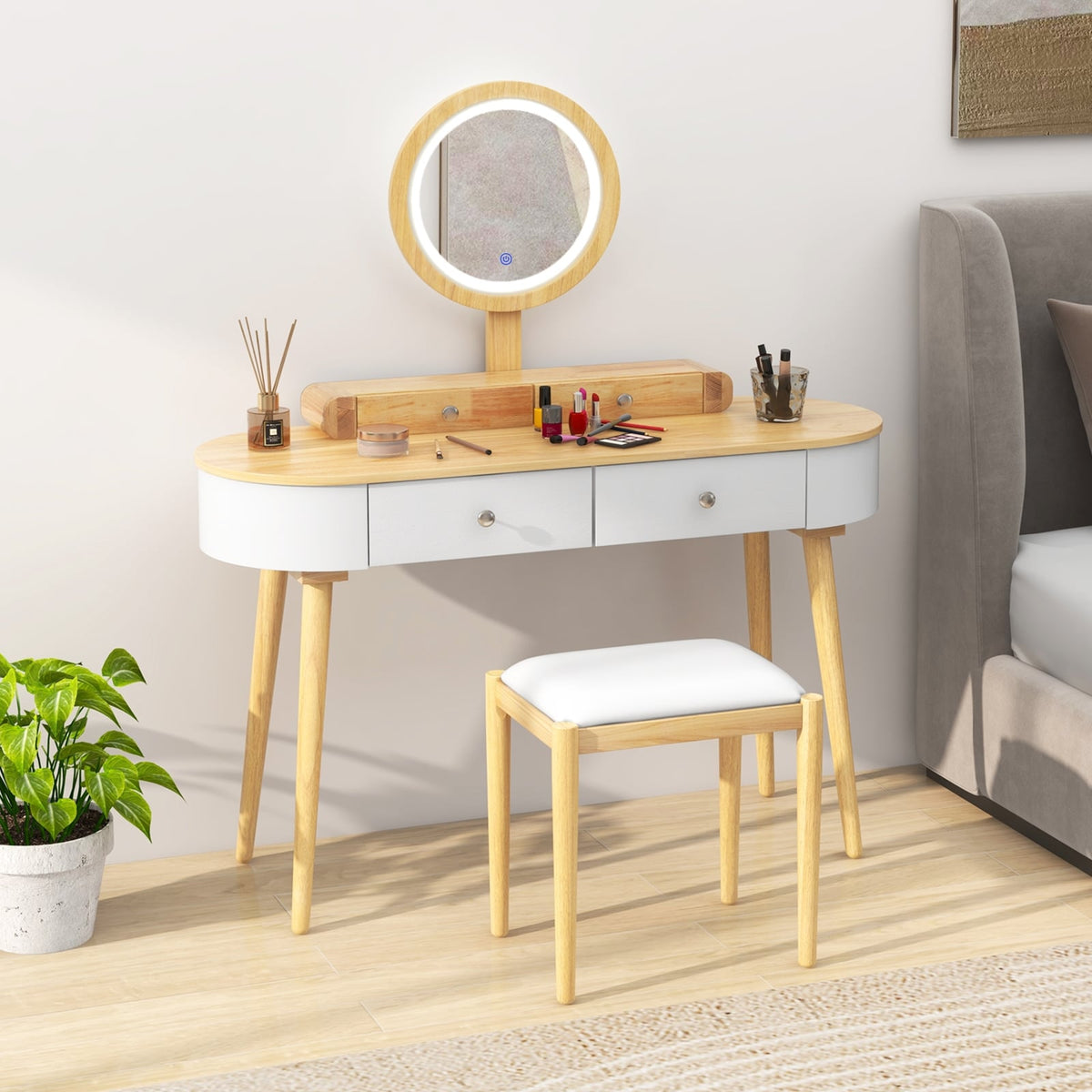 Makeup Vanity Table Set with LED Mirror and 3 Spacious Drawers-White-Natural Wood-Makeup Vanities-DECOROLALA