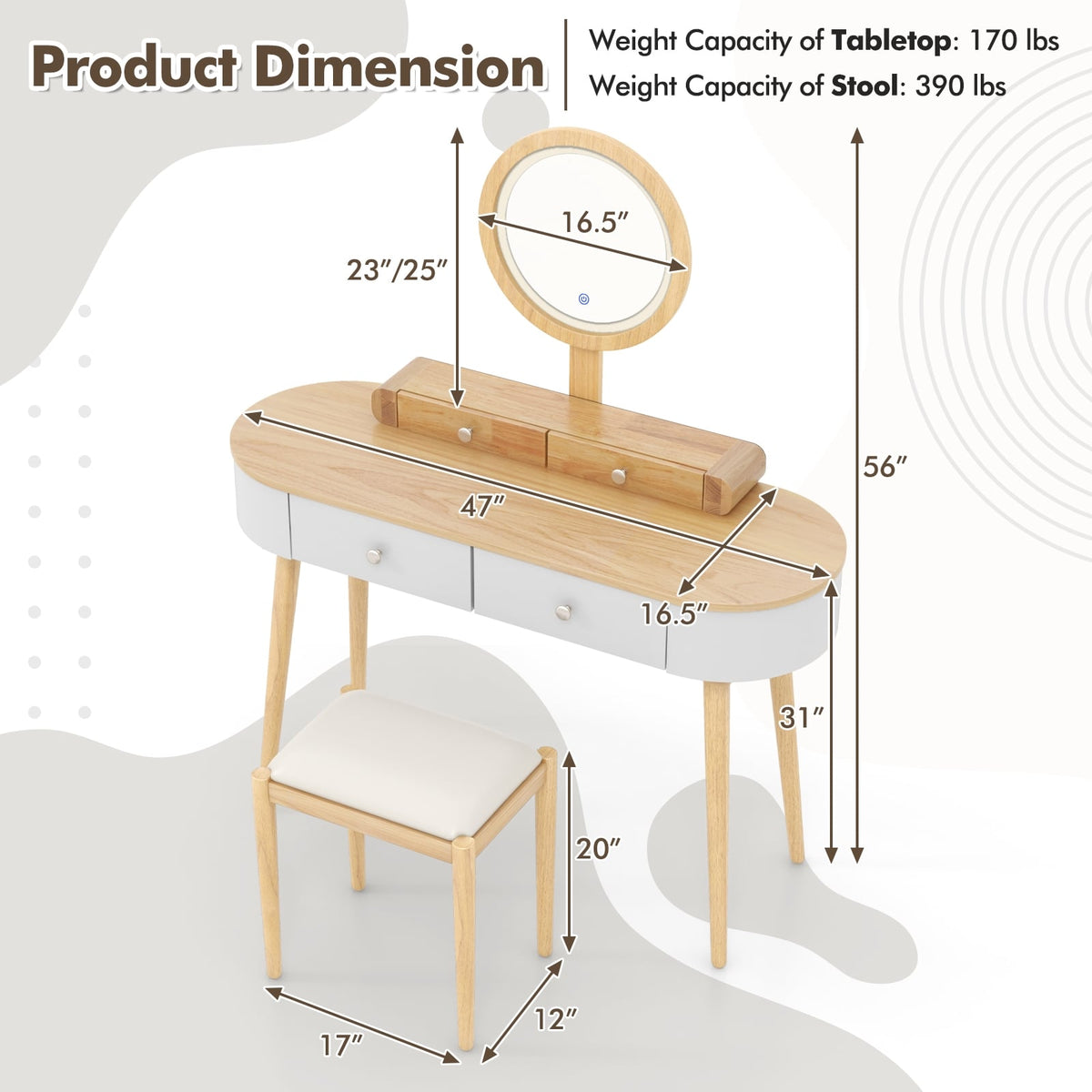 Makeup Vanity Table Set with LED Mirror and 3 Spacious Drawers-White-Natural Wood-Makeup Vanities-DECOROLALA