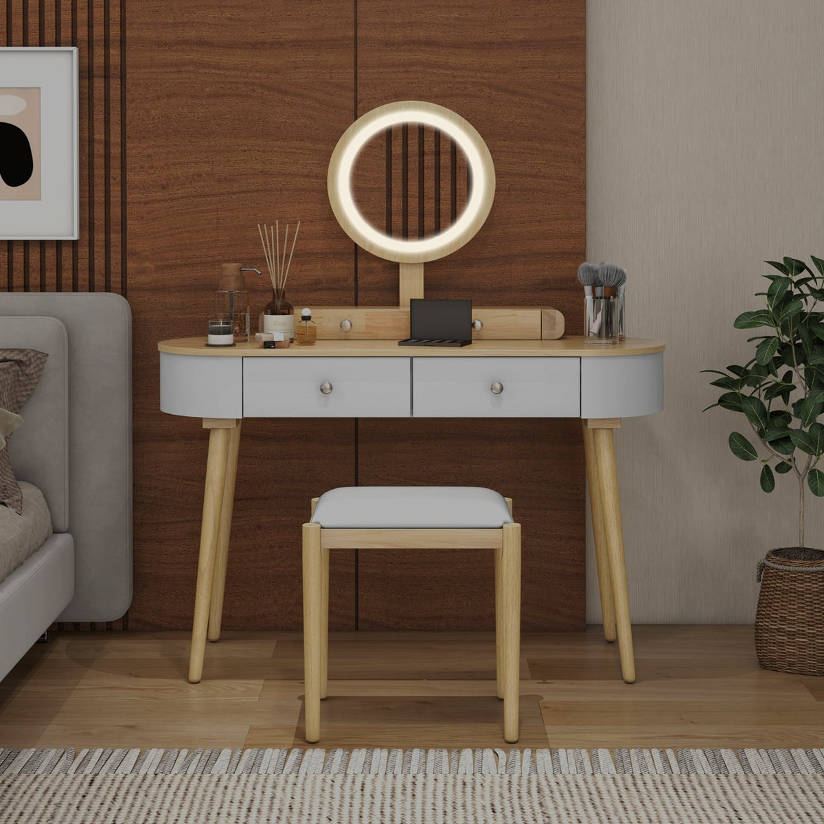 Makeup Vanity Table Set with LED Mirror and 3 Spacious Drawers-White-Natural Wood-Makeup Vanities-DECOROLALA