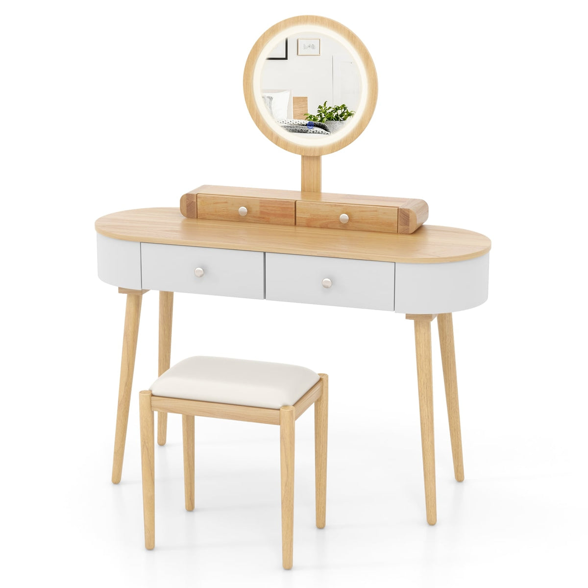 Makeup Vanity Table Set with LED Mirror and 3 Spacious Drawers-White-Natural Wood-Makeup Vanities-DECOROLALA