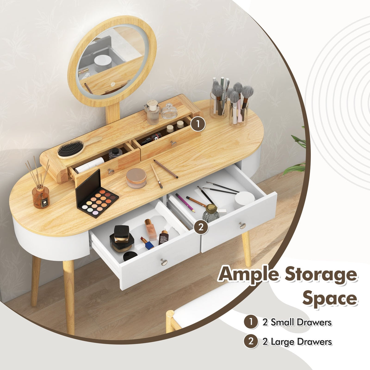 Makeup Vanity Table Set with LED Mirror and 3 Spacious Drawers-White-Natural Wood-Makeup Vanities-DECOROLALA