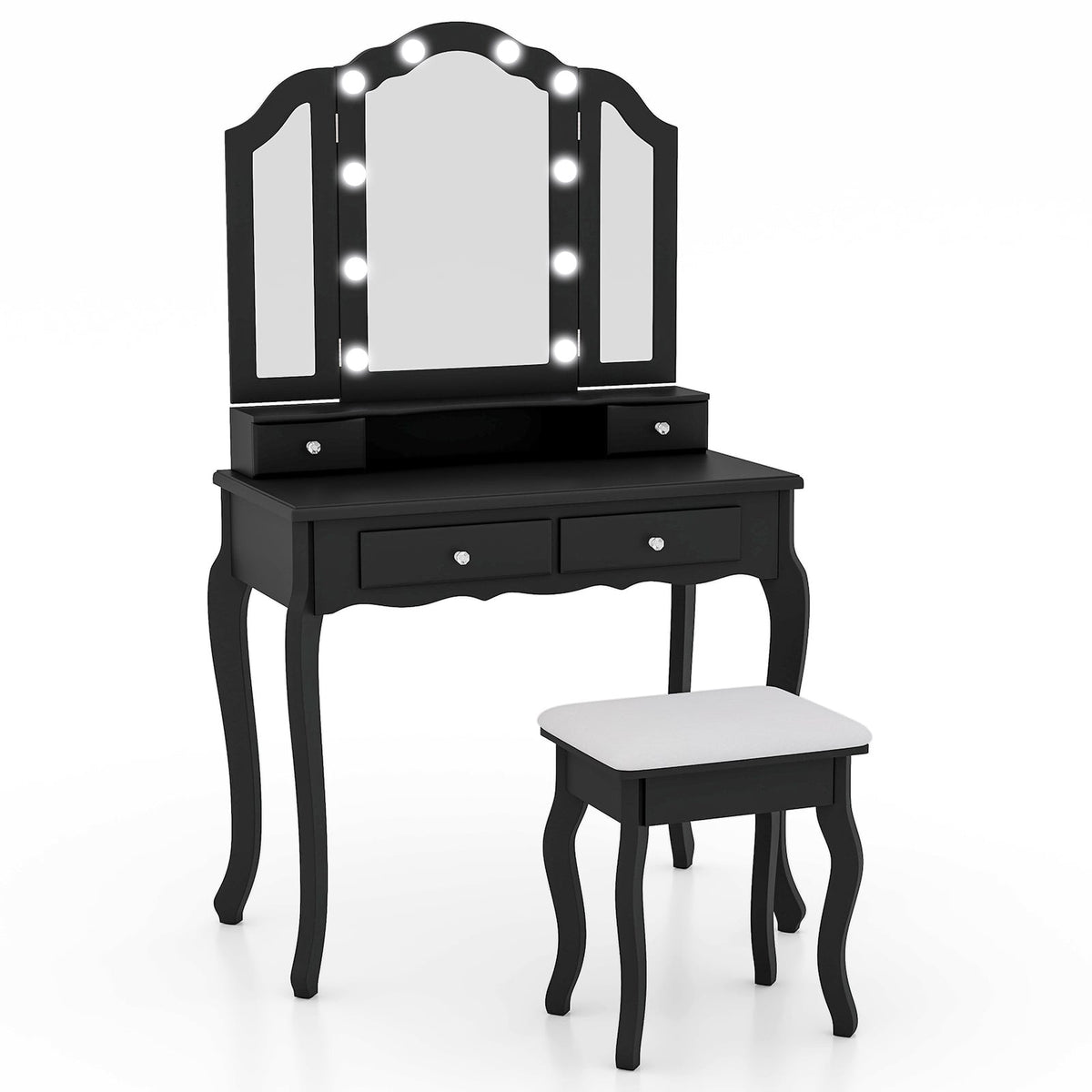 Makeup Vanity Table Set with Lighted Mirror and Drawers-Black-Makeup Vanities-DECOROLALA