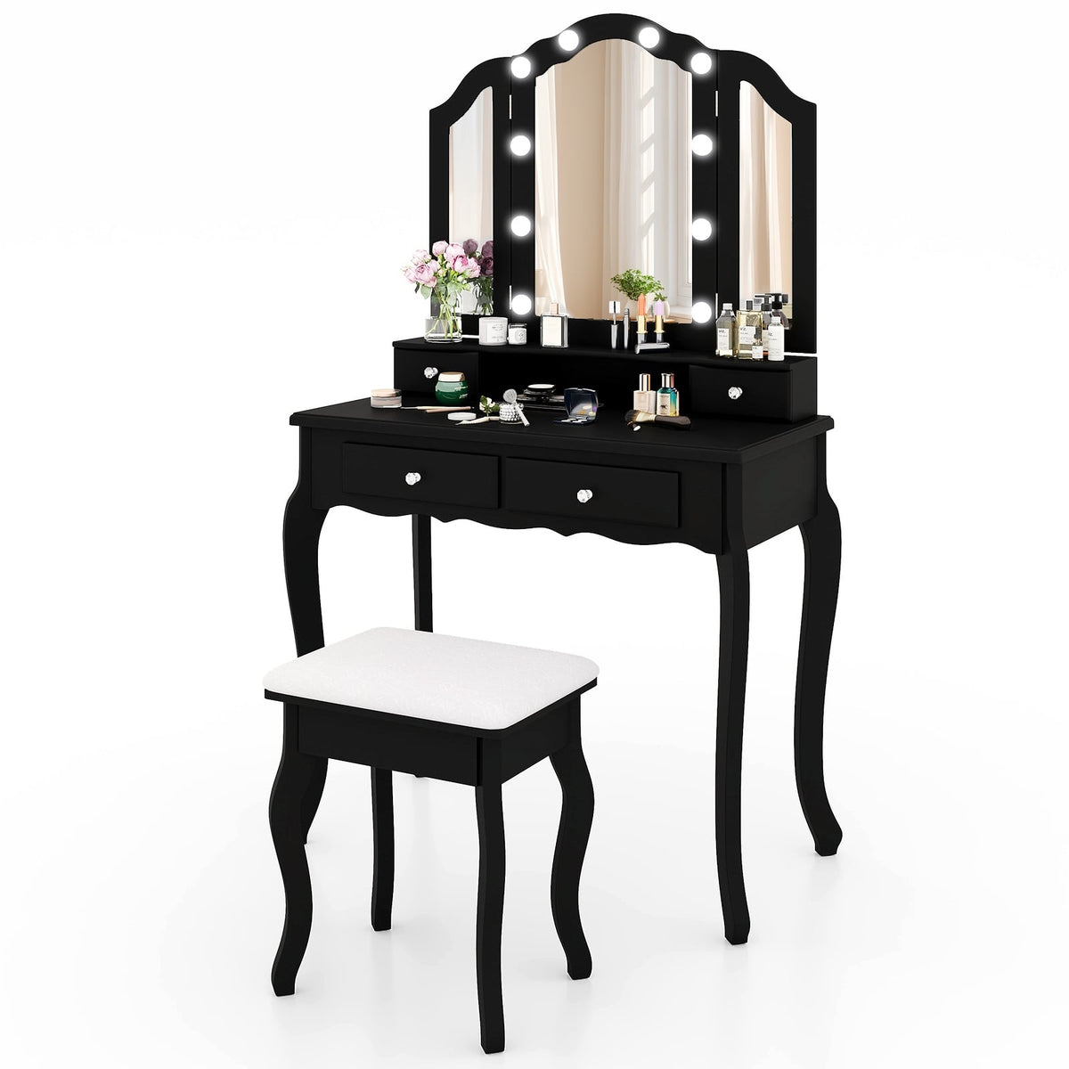 Makeup Vanity Table Set with Lighted Mirror and Drawers-Black-Makeup Vanities-DECOROLALA