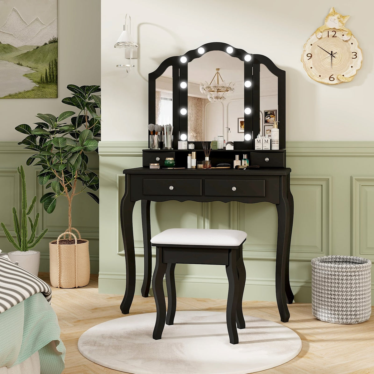 Makeup Vanity Table Set with Lighted Mirror and Drawers-Black-Makeup Vanities-DECOROLALA