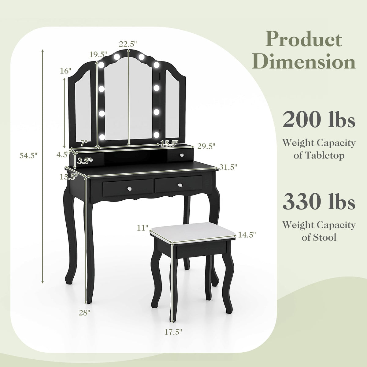 Makeup Vanity Table Set with Lighted Mirror and Drawers-Black-Makeup Vanities-DECOROLALA