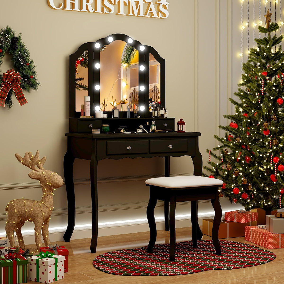 Makeup Vanity Table Set with Lighted Mirror and Drawers-Black-Makeup Vanities-DECOROLALA