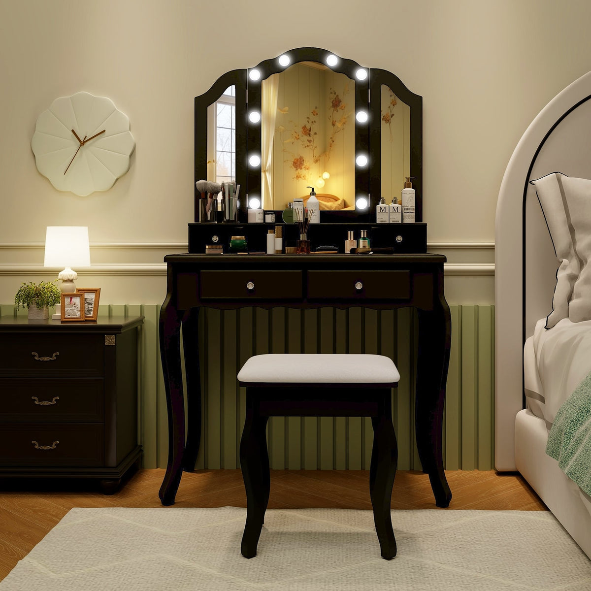 Makeup Vanity Table Set with Lighted Mirror and Drawers-Black-Makeup Vanities-DECOROLALA
