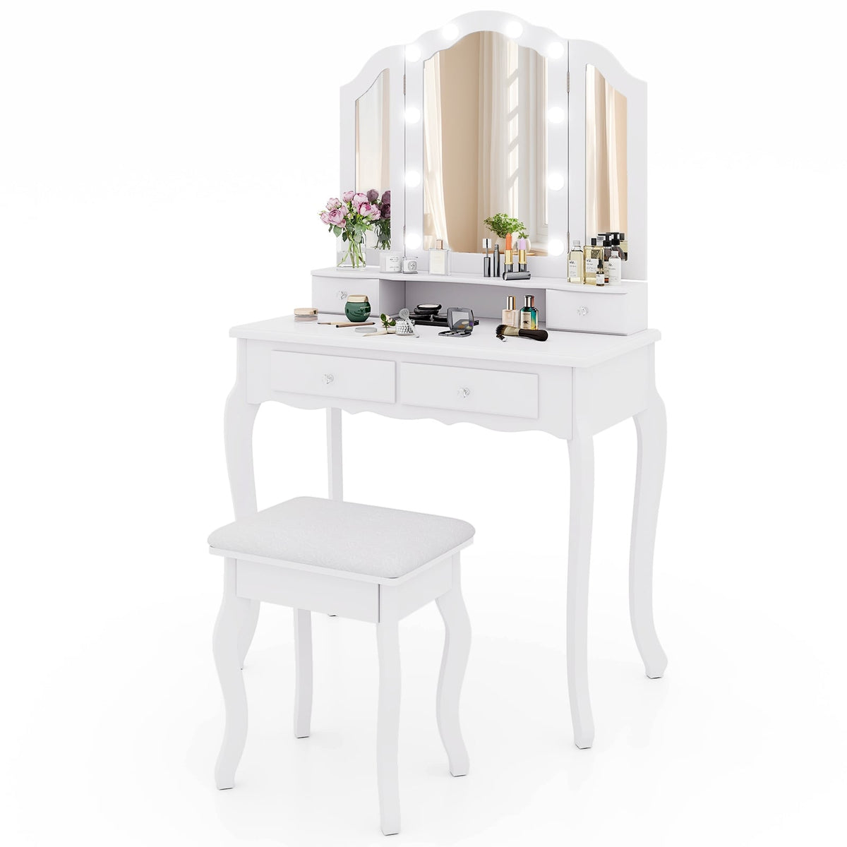 Makeup Vanity Table Set with Lighted Mirror and Drawers-White-Makeup Vanities-DECOROLALA