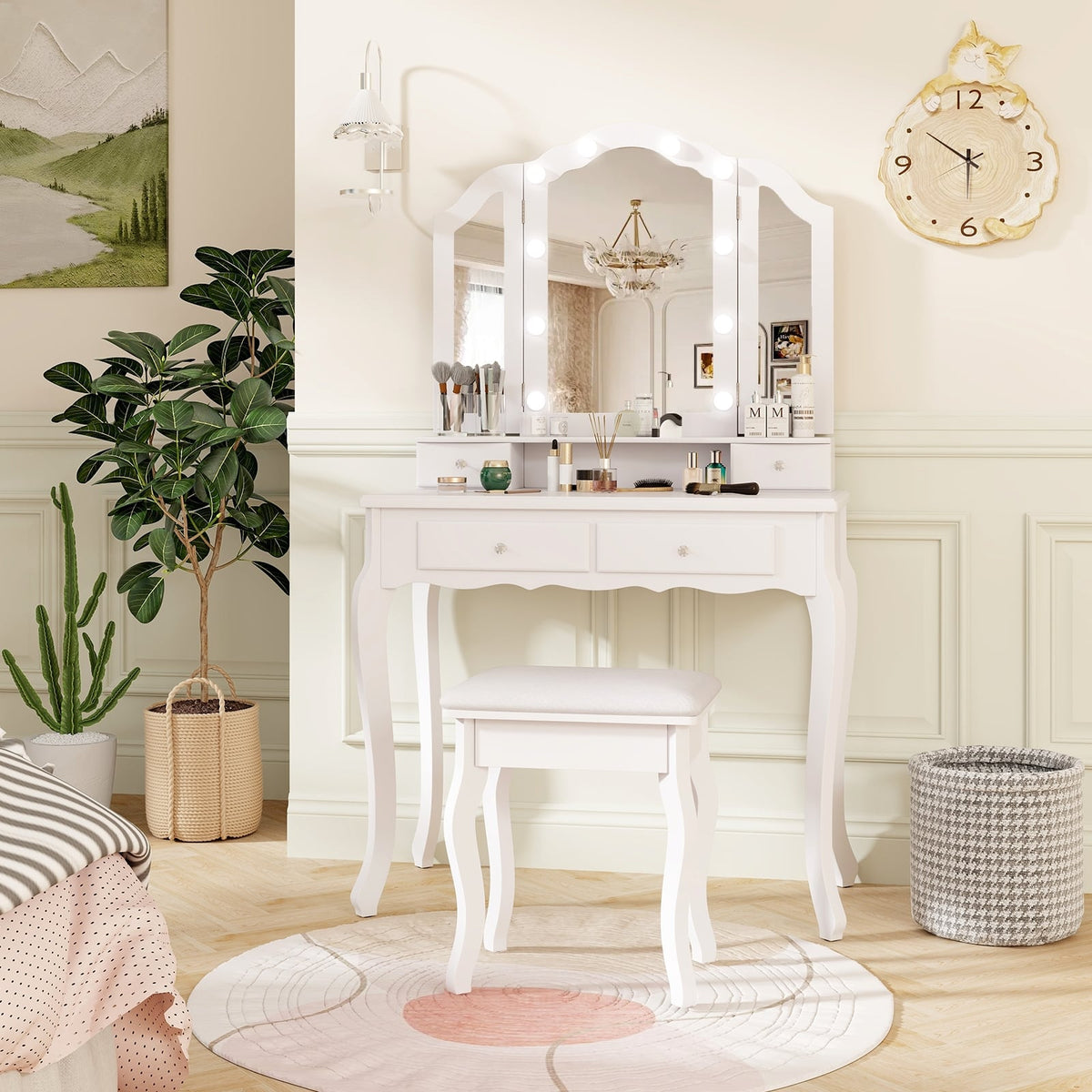 Makeup Vanity Table Set with Lighted Mirror and Drawers-White-Makeup Vanities-DECOROLALA
