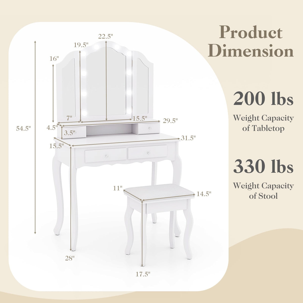 Makeup Vanity Table Set with Lighted Mirror and Drawers-White-Makeup Vanities-DECOROLALA